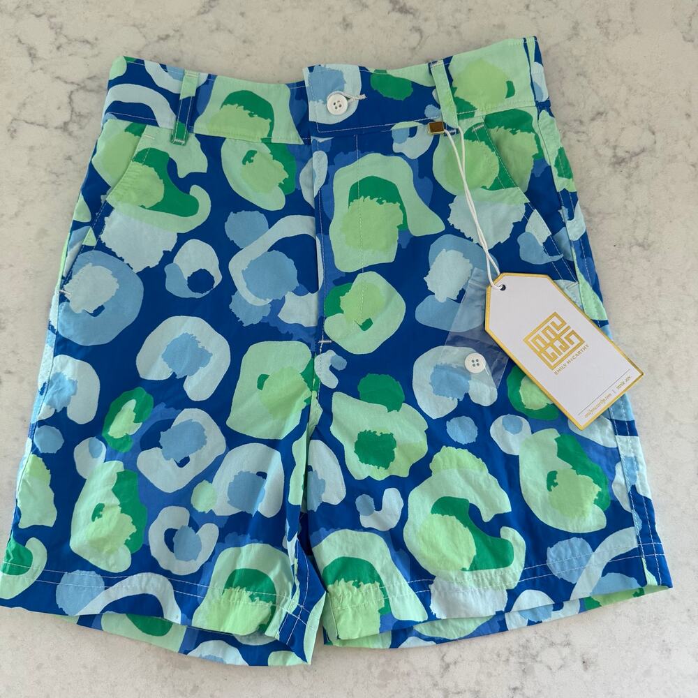Emily McCarthy Rhett boys swim shorts sea glass spot cheetah $98 10/12 fits sz 8